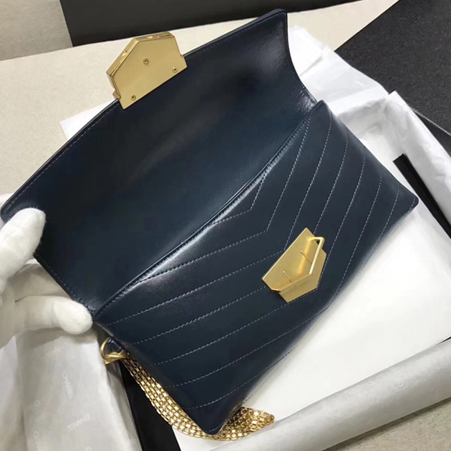 Chanel Clutch A57493 Navy Blue Calfskin Gold Tone Metal