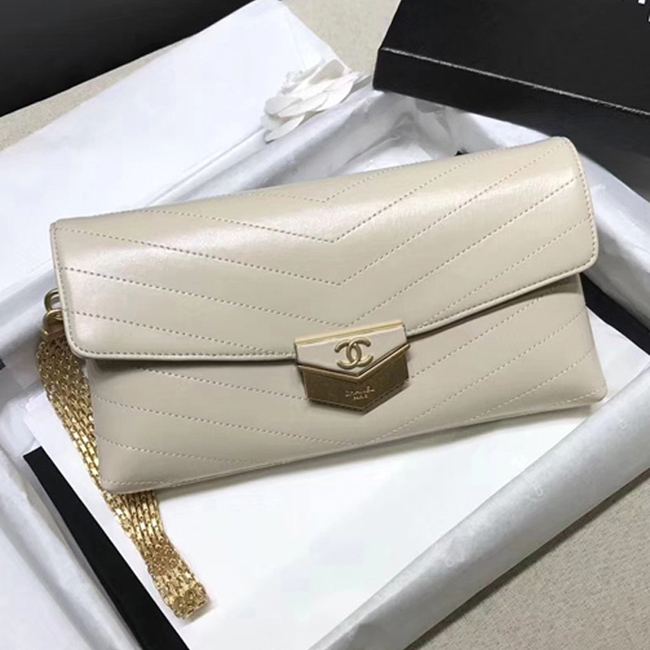 Chanel Clutch A57493 Light Beige Calfskin Gold Tone Metal