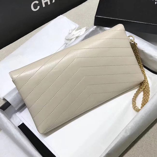 Chanel Clutch A57493 Light Beige Calfskin Gold Tone Metal