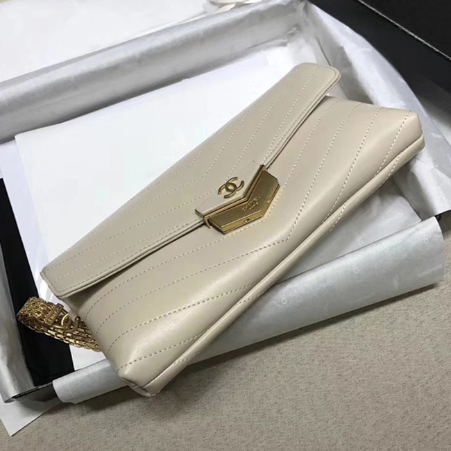 Chanel Clutch A57493 Light Beige Calfskin Gold Tone Metal