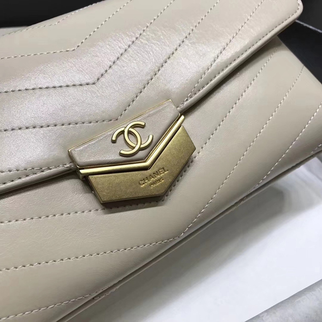 Chanel Clutch A57493 Light Beige Calfskin Gold Tone Metal
