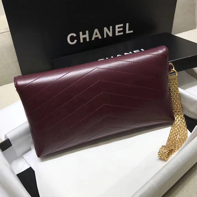 Chanel Clutch A57493 Burgundy Calfskin Gold Tone Metal