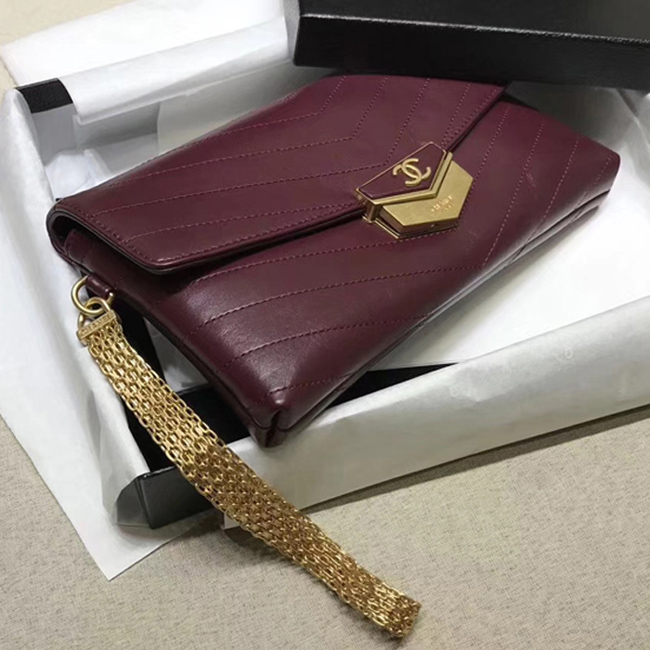 Chanel Clutch A57493 Burgundy Calfskin Gold Tone Metal