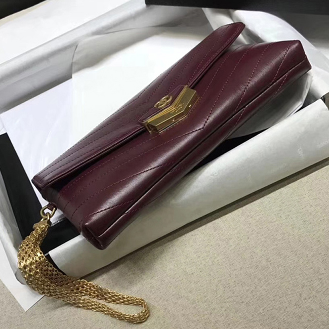 Chanel Clutch A57493 Burgundy Calfskin Gold Tone Metal