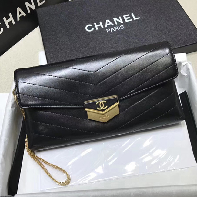 Chanel Clutch A57493 Black Calfskin Gold Tone Metal