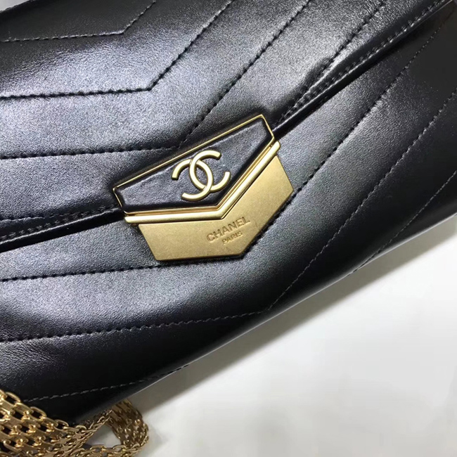 Chanel Clutch A57493 Black Calfskin Gold Tone Metal