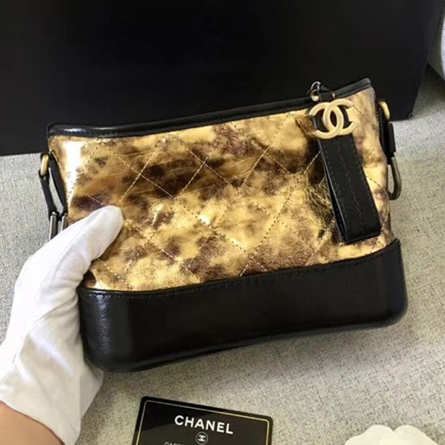 Chanel Gabrielle Small Hobo Bag A91810 Gold Black Metallic Crumpled Goatskin Calfskin