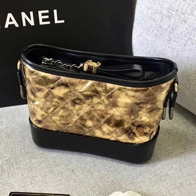 Chanel Gabrielle Small Hobo Bag A91810 Gold Black Metallic Crumpled Goatskin Calfskin