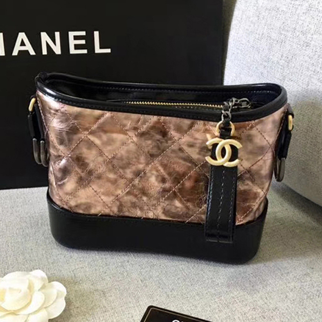 Chanel Gabrielle Small Hobo Bag A91810 Bronze Black Metallic Crumpled Goatskin Calfskin