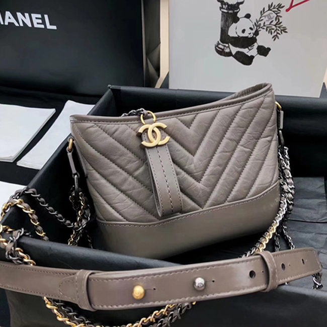 Chanel Gabrielle Small Hobo Bag A91810 Gray Chevron Aged Calfskin Smooth Calfskin