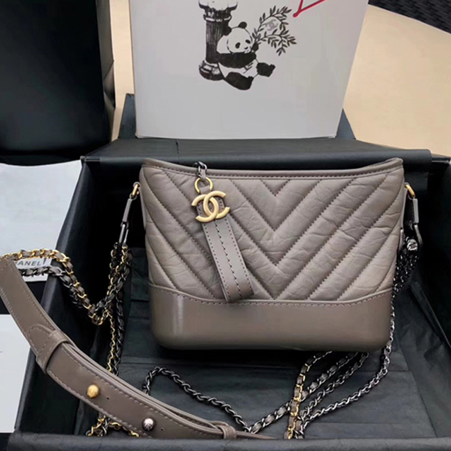 Chanel Gabrielle Small Hobo Bag A91810 Gray Chevron Aged Calfskin Smooth Calfskin