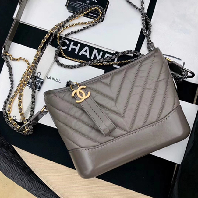 Chanel Gabrielle Small Hobo Bag A91810 Gray Chevron Aged Calfskin Smooth Calfskin