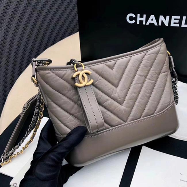 Chanel Gabrielle Small Hobo Bag A91810 Gray Chevron Aged Calfskin Smooth Calfskin