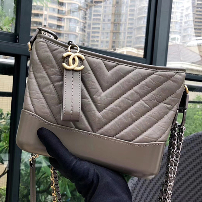 Chanel Gabrielle Small Hobo Bag A91810 Gray Chevron Aged Calfskin Smooth Calfskin