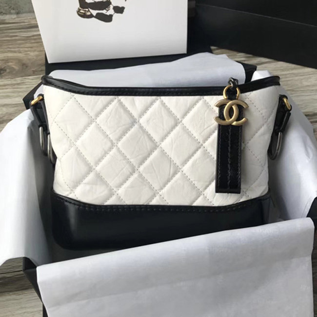 Chanel Gabrielle Small Hobo Bag A91810 White Black Aged Calfskin Smooth Calfskin