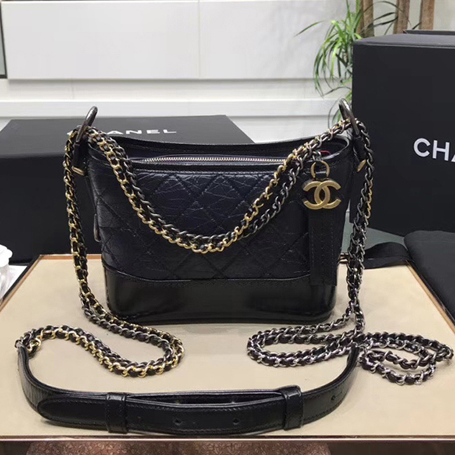 Chanel Gabrielle Small Hobo Bag A91810 Navy Black Aged Calfskin Smooth Calfskin