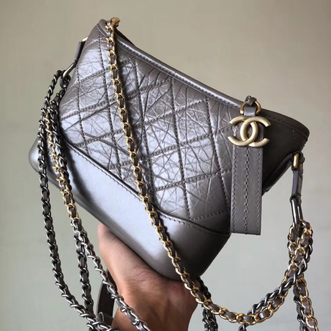 Chanel Gabrielle Small Hobo Bag A91810 Elephant Grey Aged Calfskin Smooth Calfskin