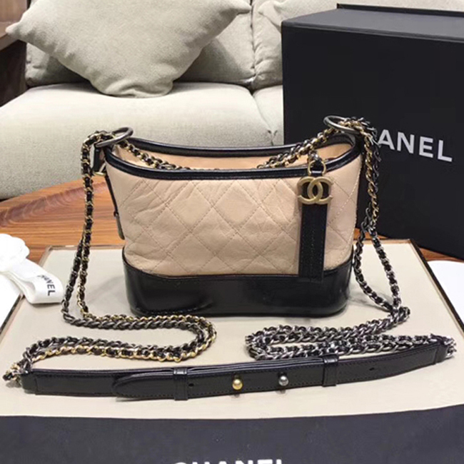 Chanel Gabrielle Small Hobo Bag A91810 Beige Black Aged Calfskin Smooth Calfskin