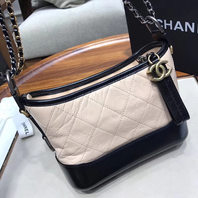 Chanel Gabrielle Small Hobo Bag A91810 Beige Black Aged Calfskin Smooth Calfskin