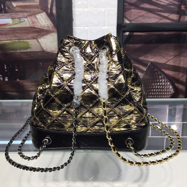 Chanel Gabrielle Small Backpack Bag Metallic Crumpled Goatskin Leather 2018 Black Gold