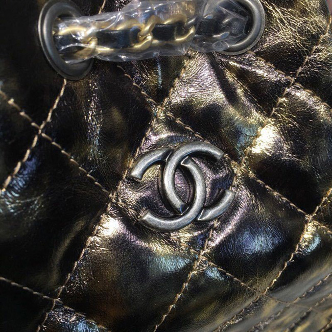 Chanel Gabrielle Small Backpack Bag Metallic Crumpled Goatskin Leather 2018 Black Gold