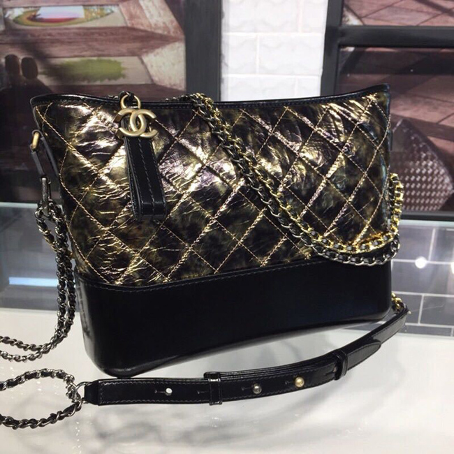 Chanel Gabrielle Large Hobo Bag A93825 28cm Metallic Crumpled Goatskin Leather 2018 Black Gold