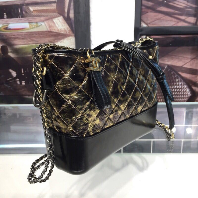 Chanel Gabrielle Large Hobo Bag A93825 28cm Metallic Crumpled Goatskin Leather 2018 Black Gold