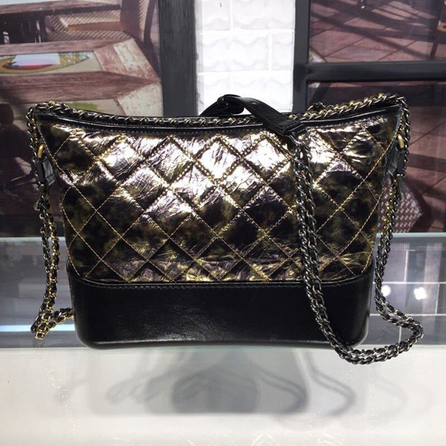 Chanel Gabrielle Large Hobo Bag A93825 28cm Metallic Crumpled Goatskin Leather 2018 Black Gold