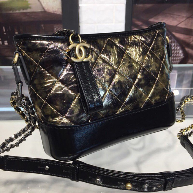 Chanel Gabrielle Small Hobo Bag A91810 20cm Metallic Crumpled Goatskin Leather 2018 Black Gold