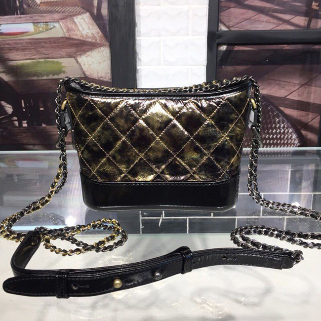 Chanel Gabrielle Small Hobo Bag A91810 20cm Metallic Crumpled Goatskin Leather 2018 Black Gold