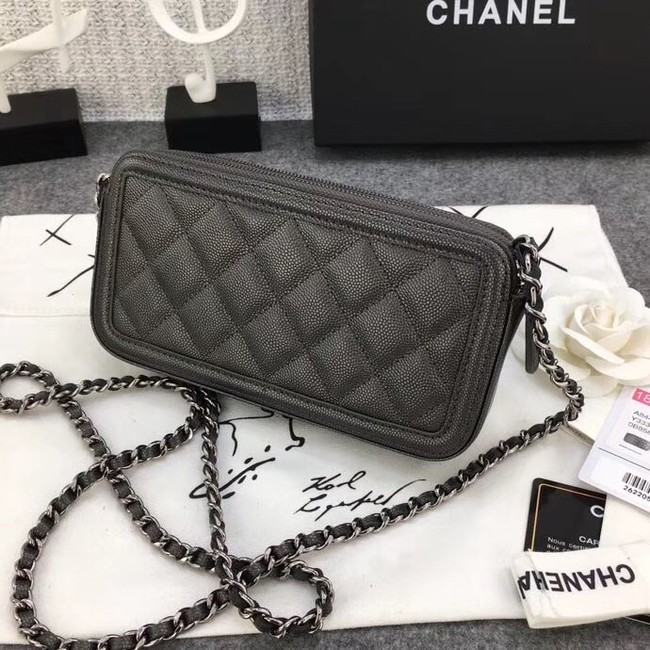 Chanel Classic Clutch with Chain Grained Calfskin & silver-Tone Metal A84450 dark grey 