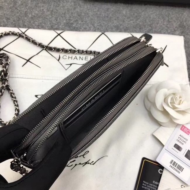 Chanel Classic Clutch with Chain Grained Calfskin & silver-Tone Metal A84450 dark grey 
