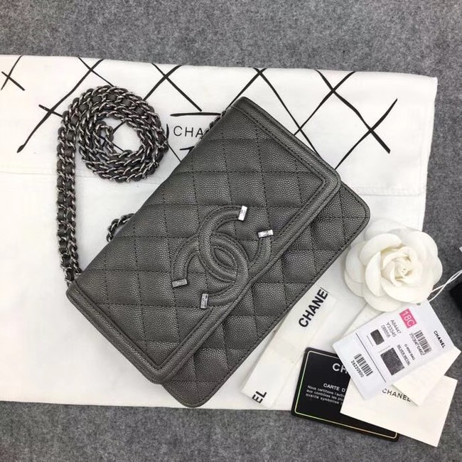 Chanel Classic Clutch with Chain Grained Calfskin & silver-Tone Metal A88447 dark grey 