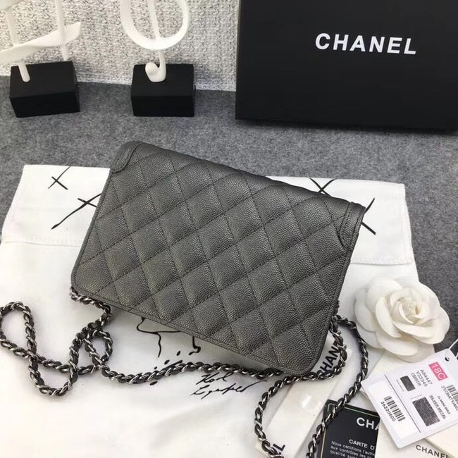 Chanel Classic Clutch with Chain Grained Calfskin & silver-Tone Metal A88447 dark grey 