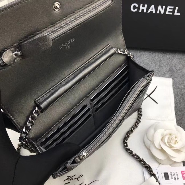 Chanel Classic Clutch with Chain Grained Calfskin & silver-Tone Metal A88447 dark grey 