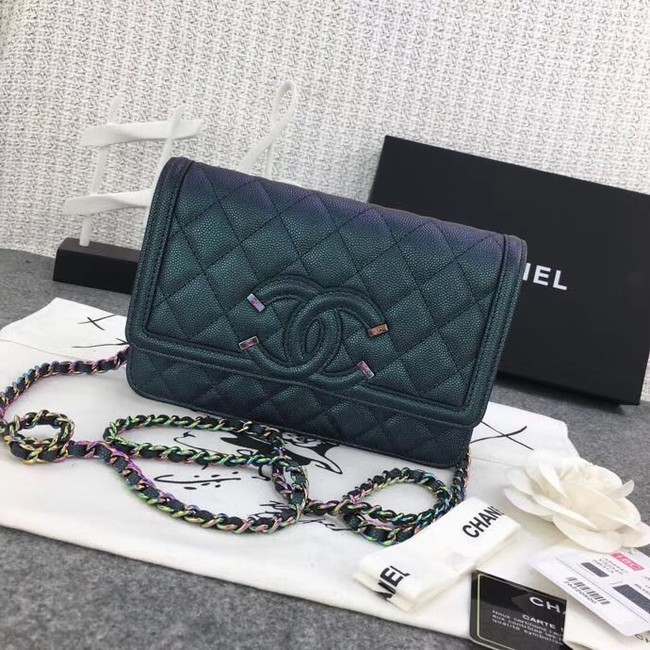 Chanel Classic Clutch with Chain Grained Calfskin & silver-Tone Metal A88447 green