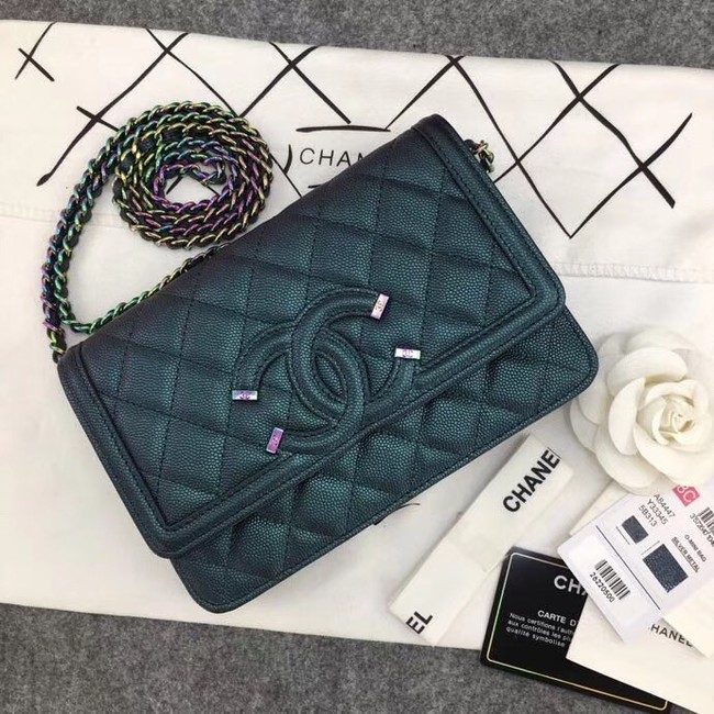 Chanel Classic Clutch with Chain Grained Calfskin & silver-Tone Metal A88447 green 