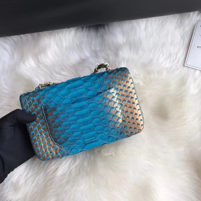 Chanel Mini Flap Bag Python & Gold-Tone Metal A69900 blue&gold 