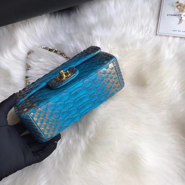 Chanel Mini Flap Bag Python & Gold-Tone Metal A69900 blue&gold 
