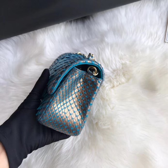 Chanel Mini Flap Bag Python & Gold-Tone Metal A69900 blue&gold 