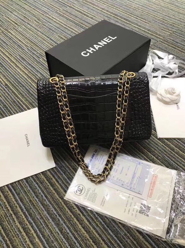 Chanel Classic Handbag Original Alligator & Gold-Tone Metal A01112 black 