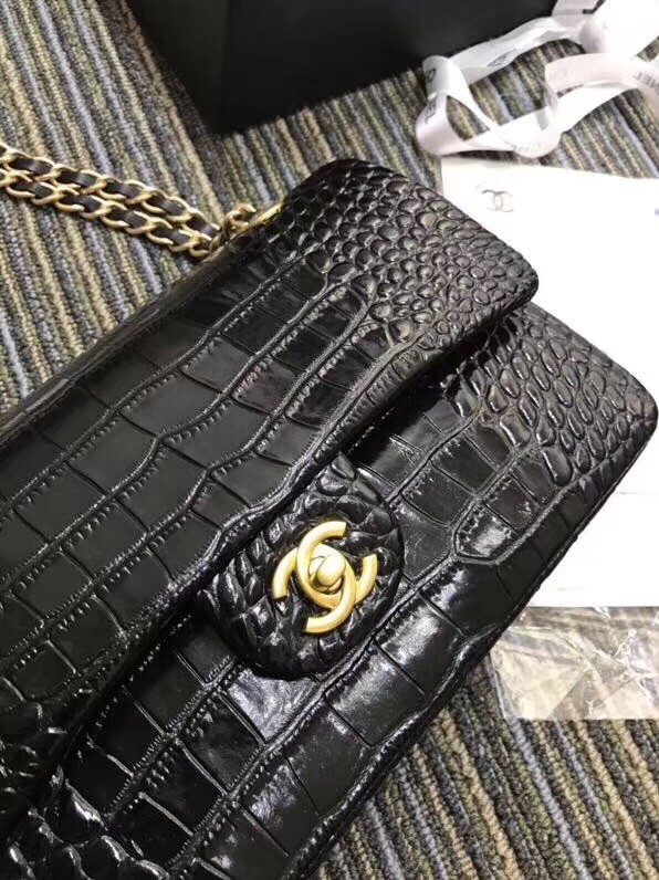 Chanel Classic Handbag Original Alligator & Gold-Tone Metal A01112 black 