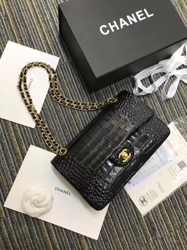Chanel Classic Handbag Original Alligator & Gold-Tone Metal A01112 black 