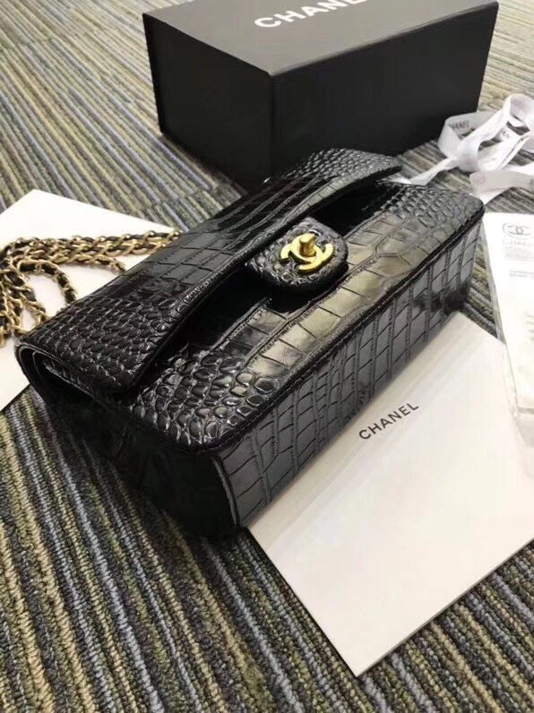 Chanel Classic Handbag Original Alligator & Gold-Tone Metal A01112 black 