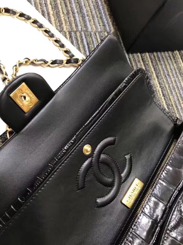 Chanel Classic Handbag Original Alligator & Gold-Tone Metal A01112 black 