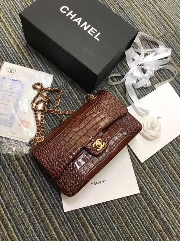 Chanel Classic Handbag Original Alligator & Gold-Tone Metal A01112 Burgundy 