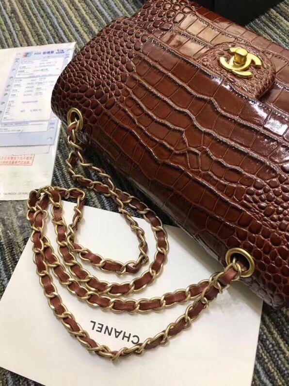 Chanel Classic Handbag Original Alligator & Gold-Tone Metal A01112 Burgundy 