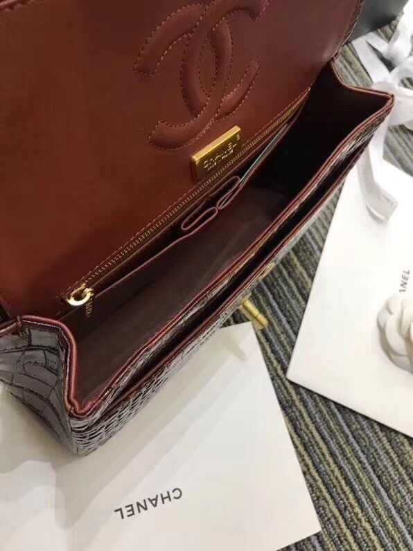 Chanel Classic Handbag Original Alligator & Gold-Tone Metal A01112 Burgundy 