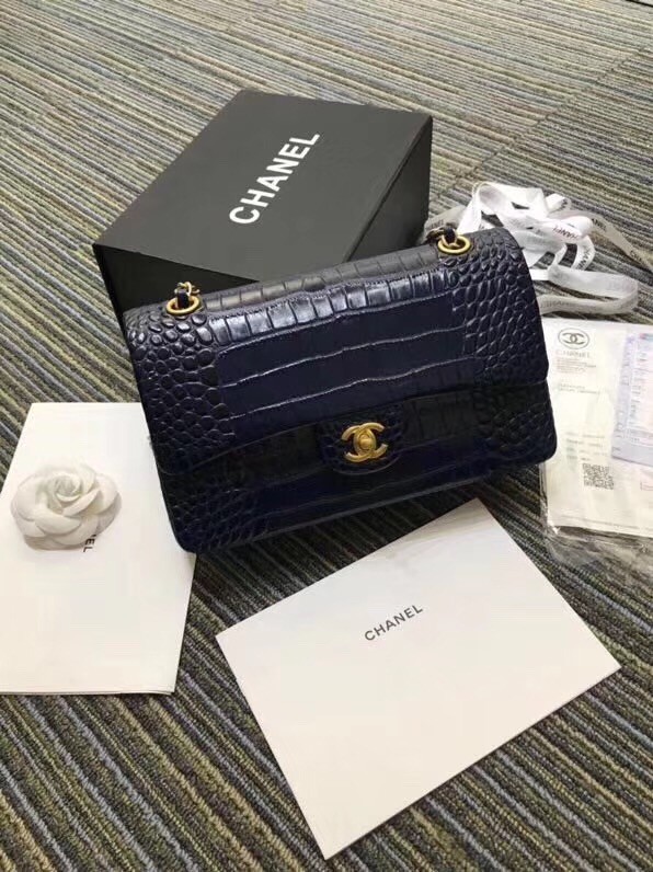 Chanel Classic Handbag Original Alligator & Gold-Tone Metal A01112 dark blue