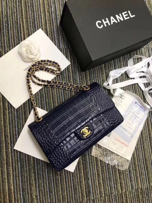 Chanel Classic Handbag Original Alligator & Gold-Tone Metal A01112 dark blue 